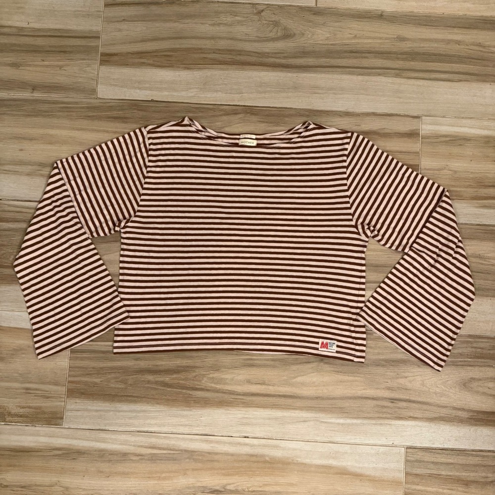 Mother The Skipper Bell Cropped Striped Long Sleeve Brown Cream XL 81101-1206